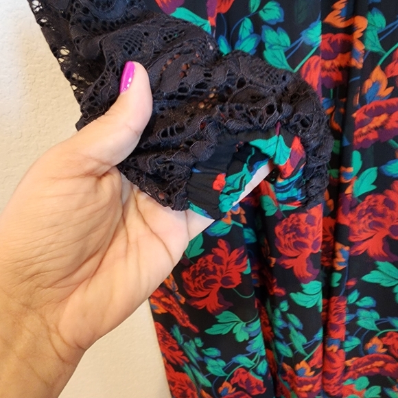 Torrid Red Black Floral Lace Sleeve Print Design Peasant Boho Maxi Dress - Picture 5 of 7